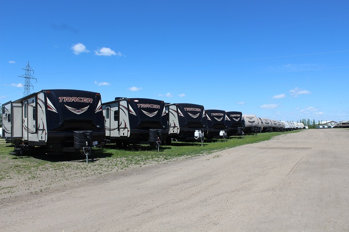 Tracer RVs lined up on display. 